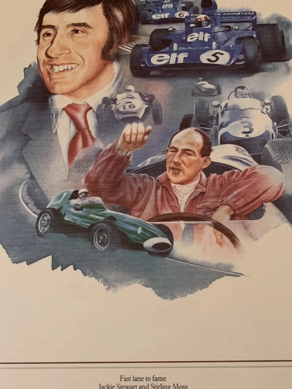 Fast Lane To Fame Jackie Stewart and Stirling Moss Print 14” X 14.5” Elf Car 5